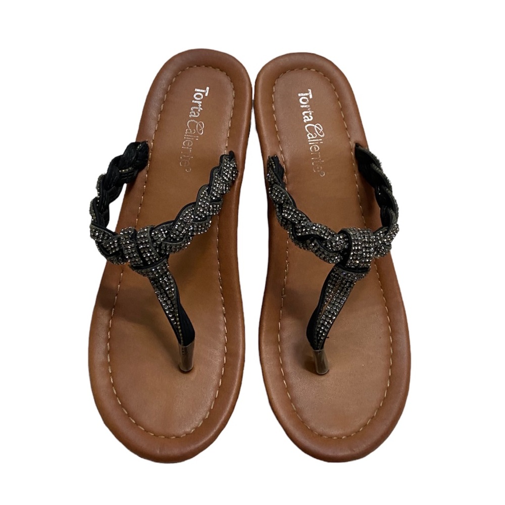 Torta Caliente Wedge Braided Sparkly Black Sandals 6